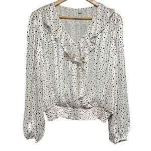 Joie Womens Blouse Size L Polka Dot Ruffle Neck Puff Sleeve Festive Party Dressy